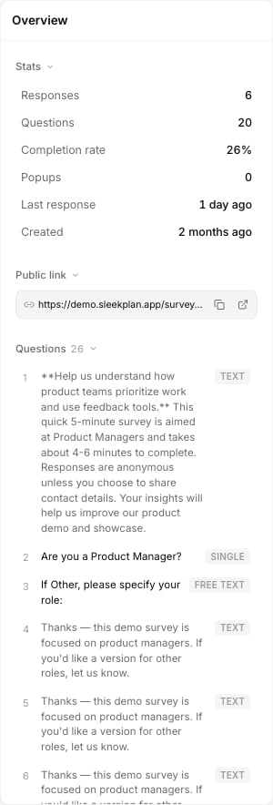 The survey Overview panel showing the stats and the public link field