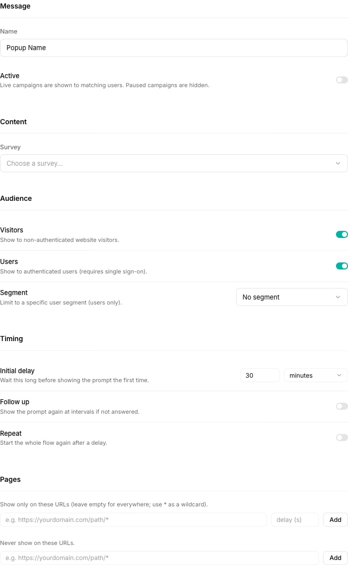 The popup targeting panel with the Audience, Timing, and Pages sections