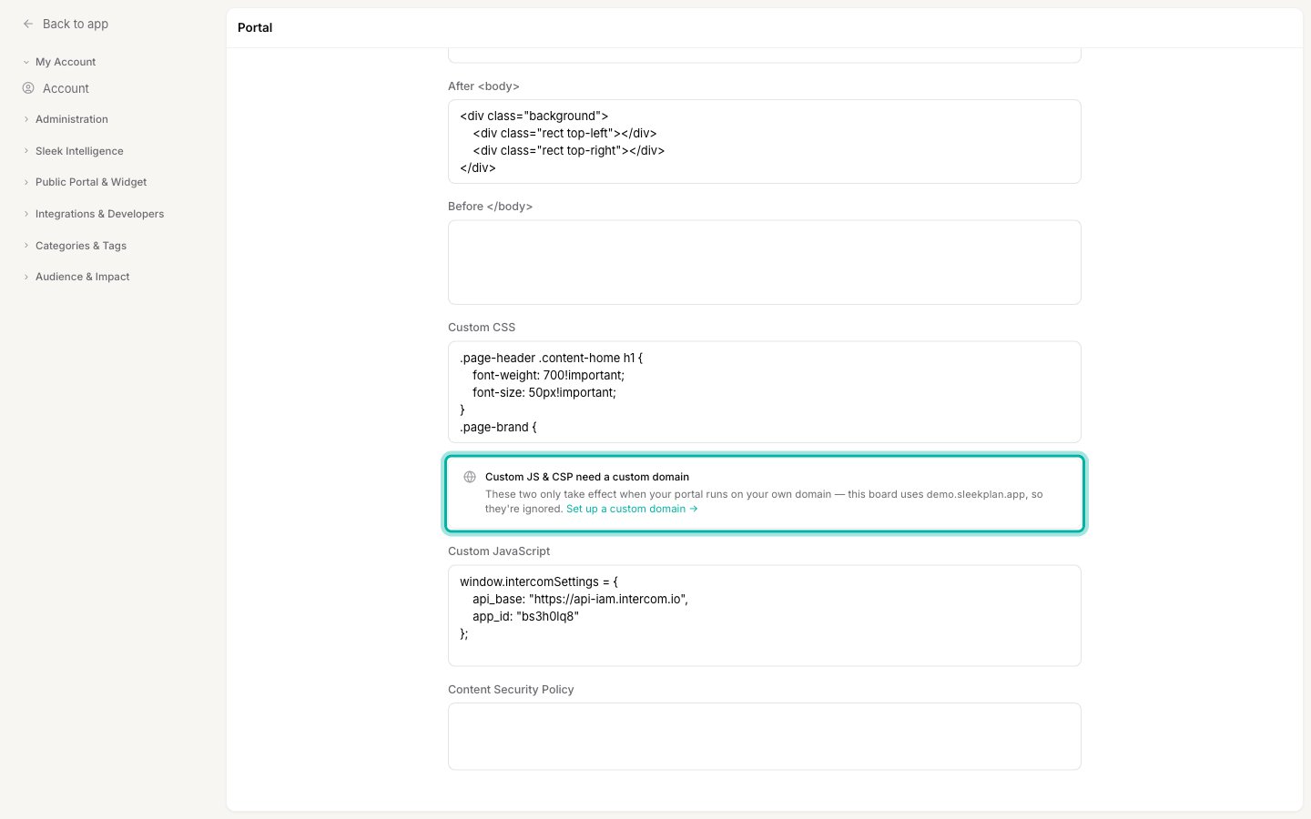 The Custom code section showing the notice that Custom JS and CSP need a custom domain, above the Custom JavaScript and Content Security Policy fields