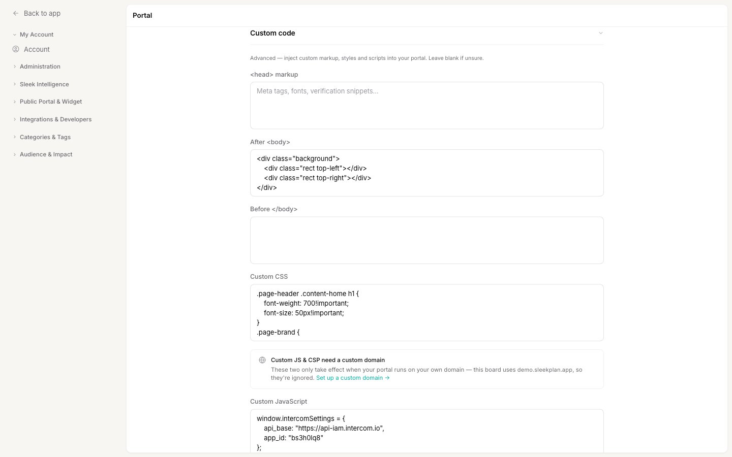 The expanded Custom code section showing the head markup, After body, Before body, and Custom CSS fields