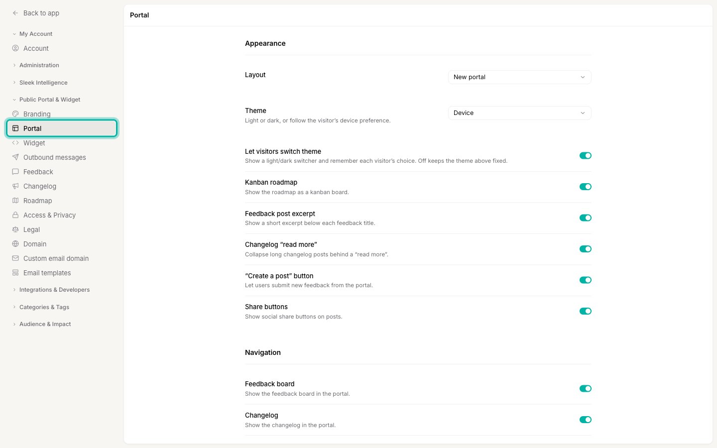 The Portal settings page open in the admin, with the Portal item highlighted in the Public Portal & Widget sidebar section