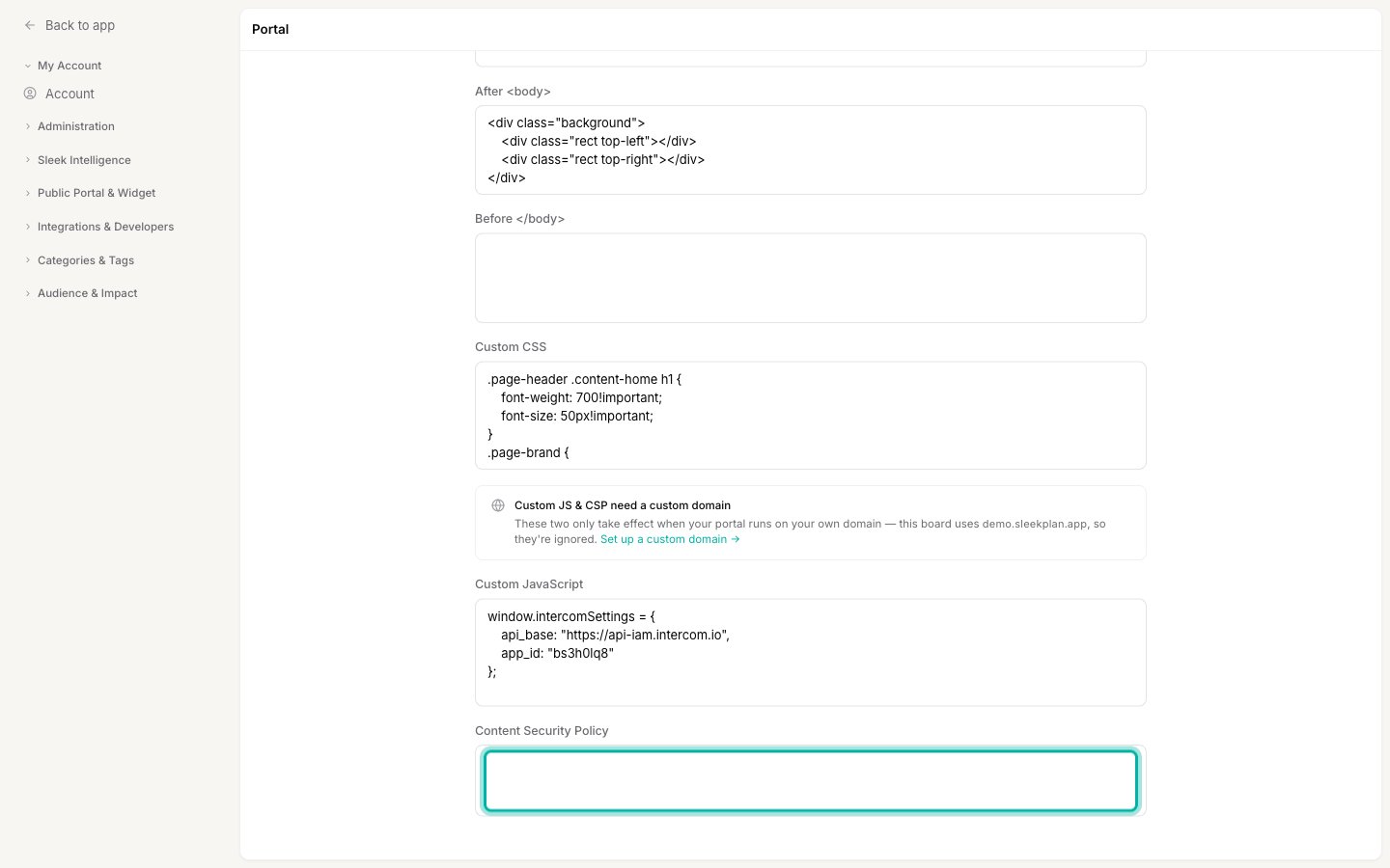 The Custom code section expanded, showing the Custom JavaScript and highlighted Content Security Policy fields, with a notice that these need a custom domain