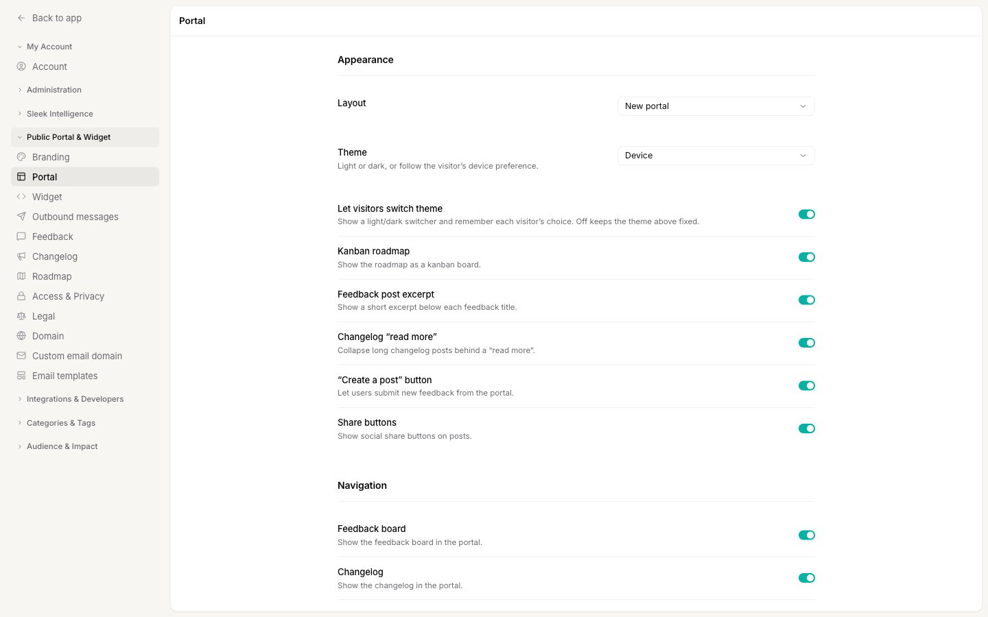 The Portal settings page open in Sleekplan, with Public Portal & Widget expanded and Portal selected in the sidebar