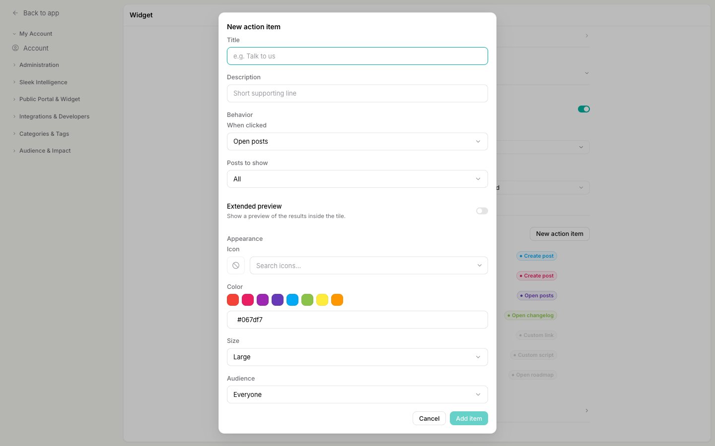 The New action item dialog, with fields for Title, Description, Behavior, Appearance, and Audience