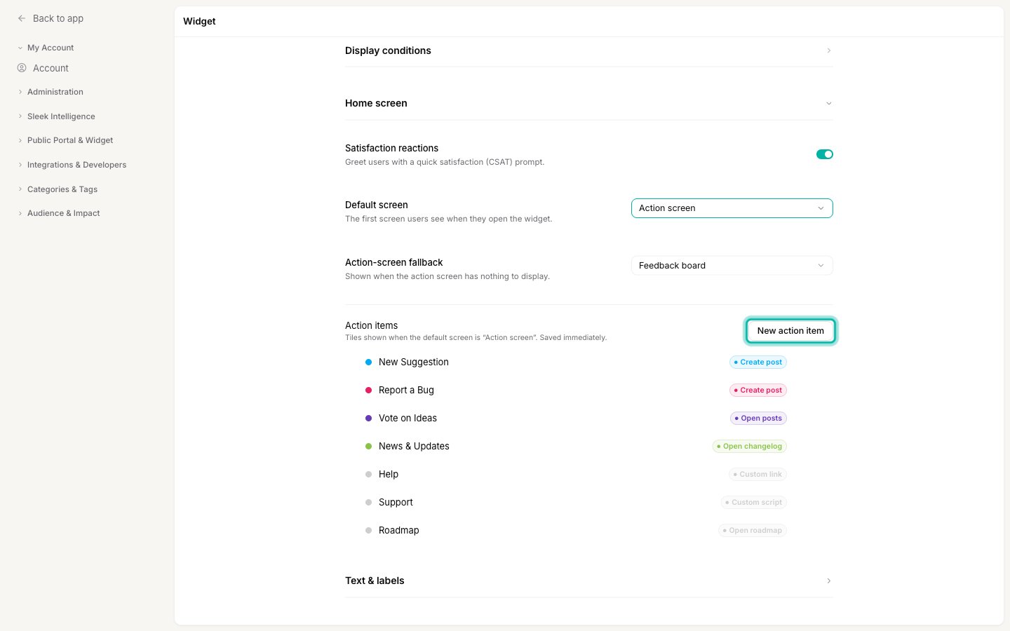 The Home screen settings with Default screen set to Action screen, the Action-screen fallback, and the Action items list with the New action item button highlighted