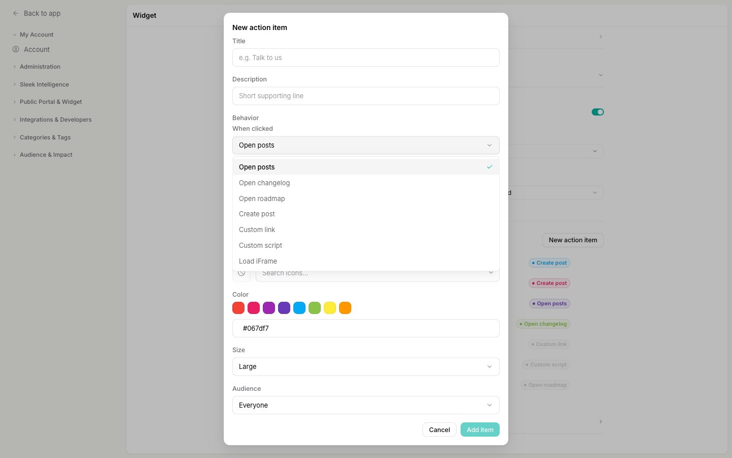 The When clicked dropdown open, showing Open posts, Open changelog, Open roadmap, Create post, Custom link, Custom script, and Load iFrame