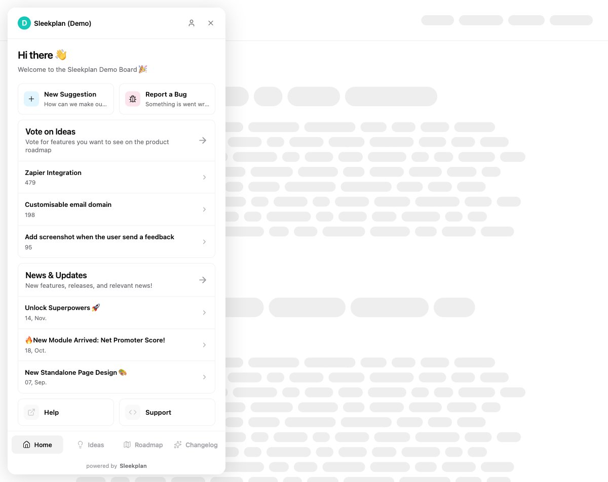 The widget action screen for the Demo workspace, with a greeting and tiles for New Suggestion, Report a Bug, Vote on Ideas, News & Updates, Help, and Support