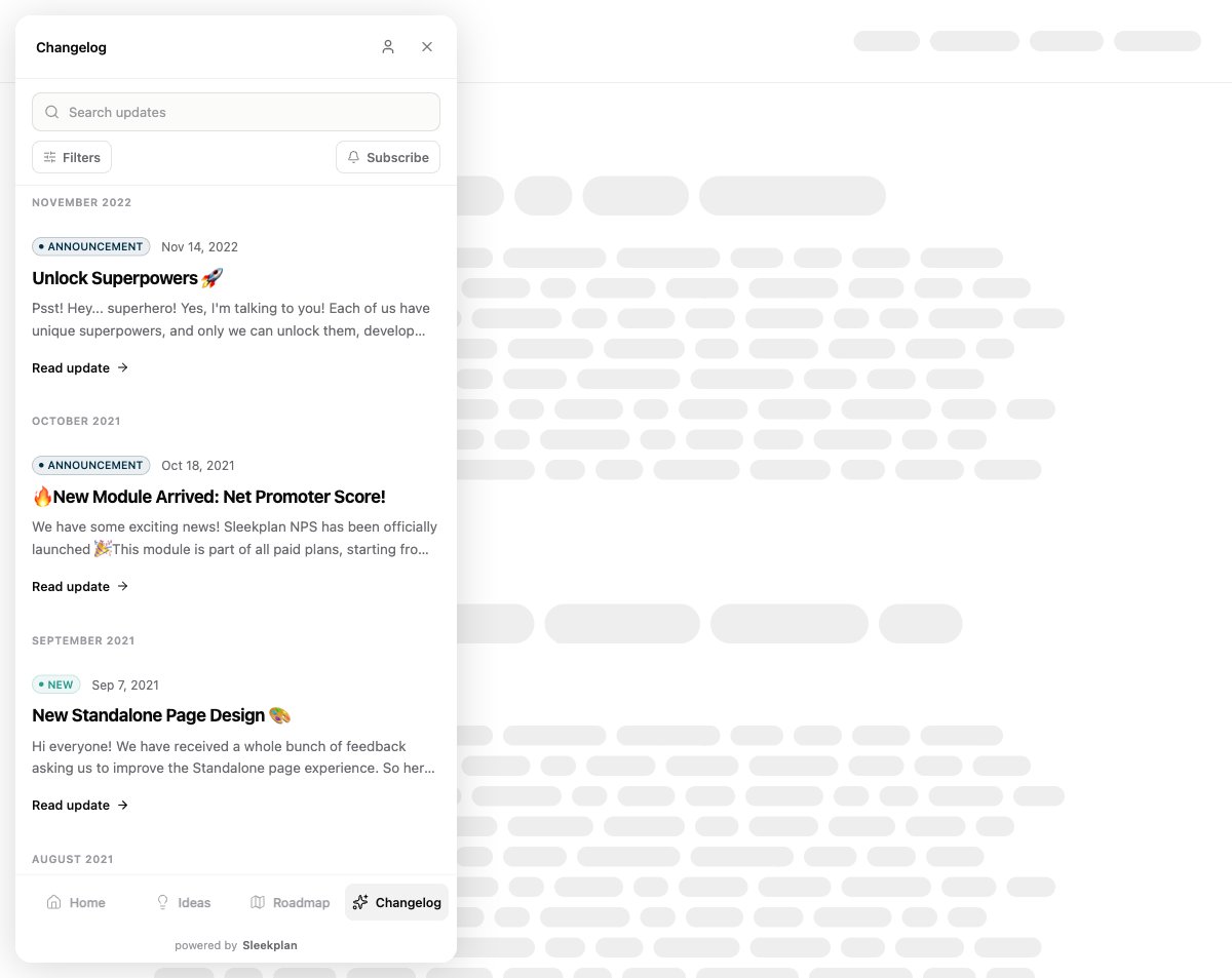 The widget opened on the changelog, showing a timeline of announcement posts