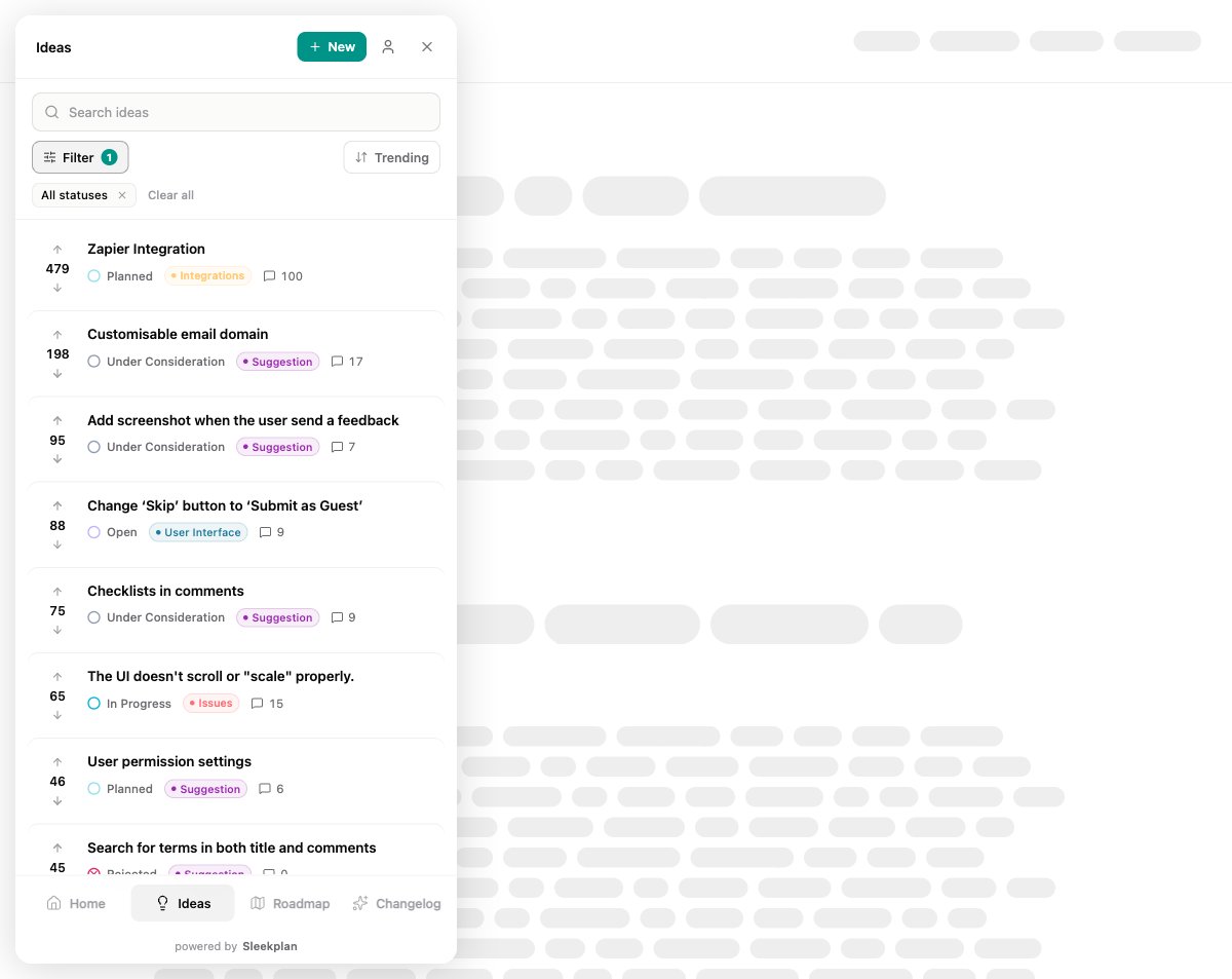 The widget opened on the feedback board, showing a list of ideas with vote counts and statuses