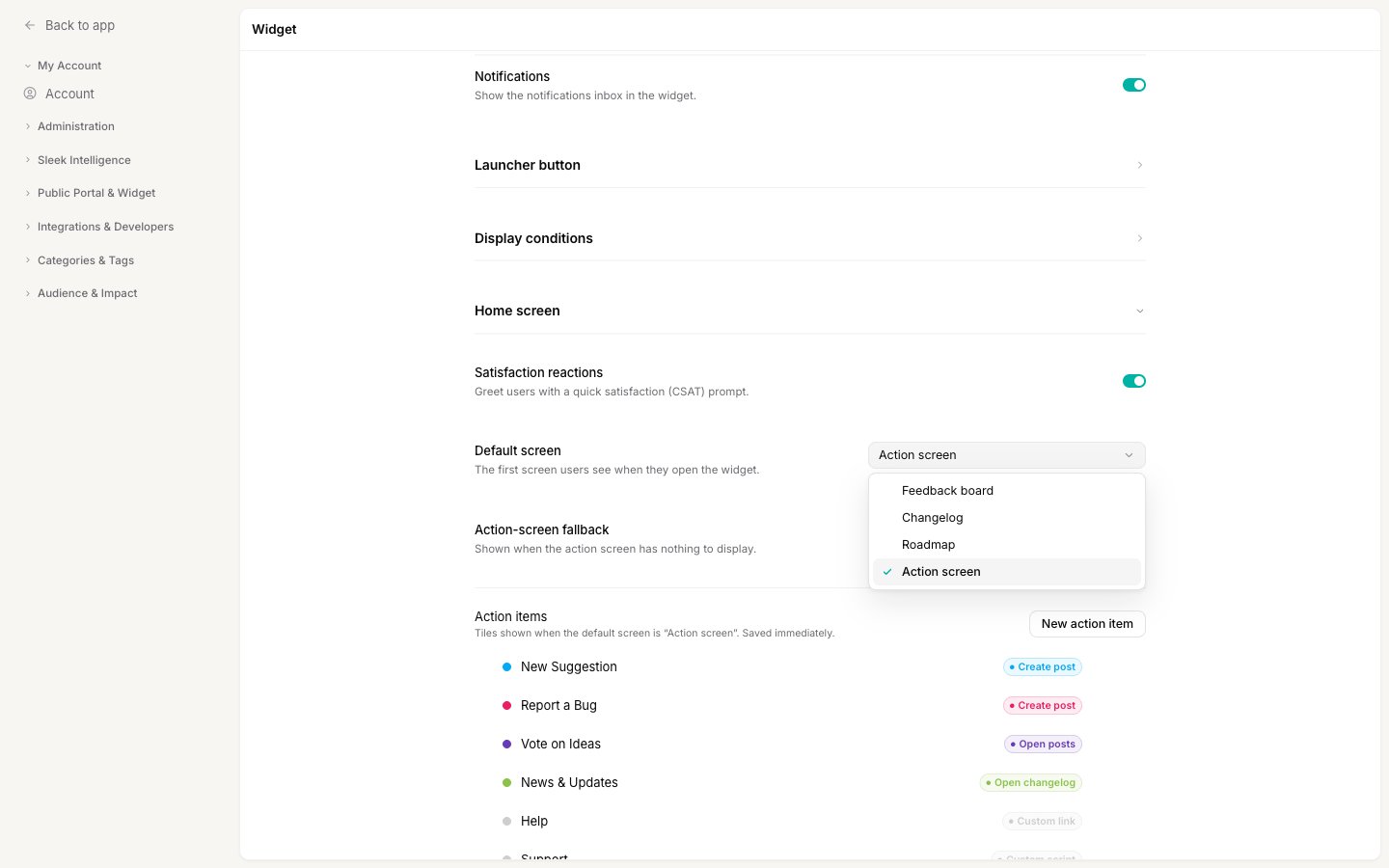 The Default screen dropdown open, showing Feedback board, Changelog, Roadmap, and Action screen