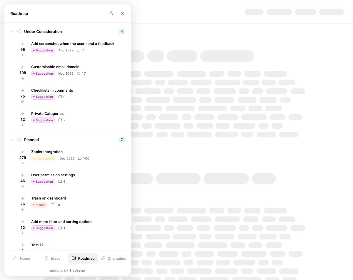 The widget opened on the roadmap, showing ideas grouped into status columns