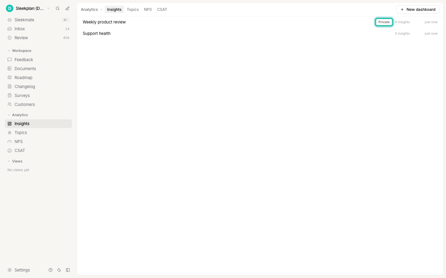 The Insights list with two dashboards, the first one marked with a highlighted Private tag