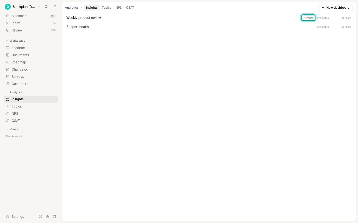 The Insights list with two dashboards, the first one marked with a highlighted Private tag