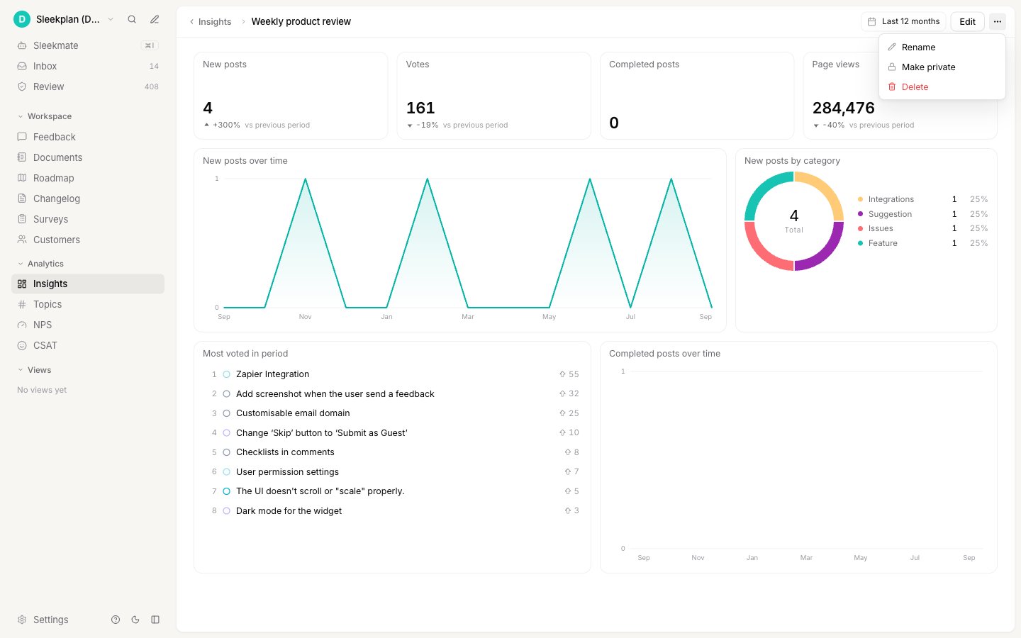 The dashboard's more menu open with Rename, Make private, and Delete