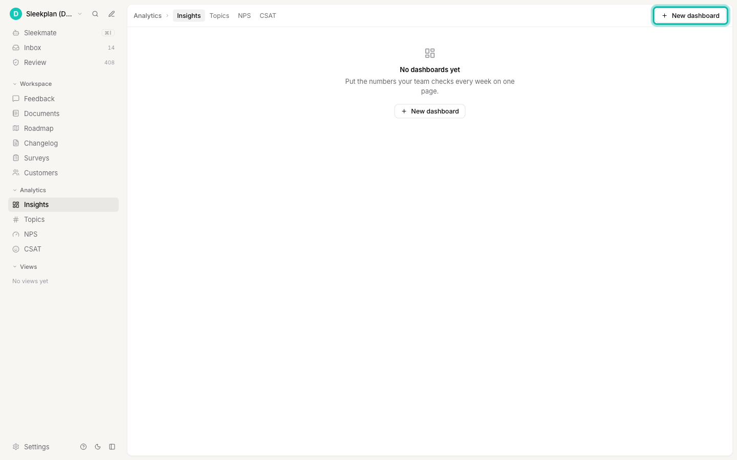 The Insights page with no dashboards yet and the New dashboard button highlighted