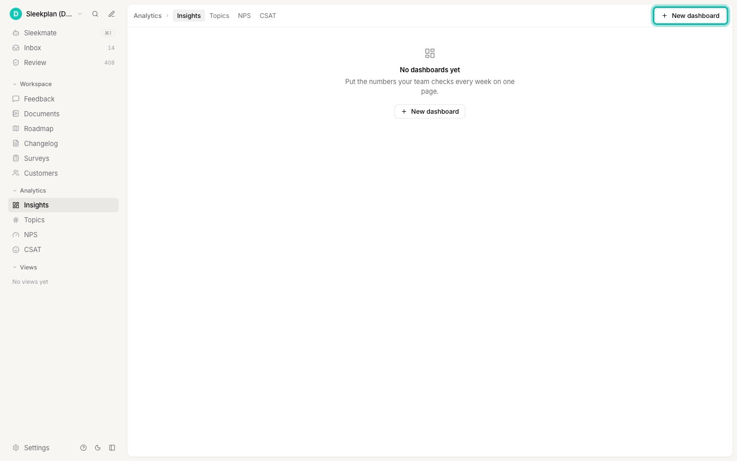 The Insights page with no dashboards yet and the New dashboard button highlighted