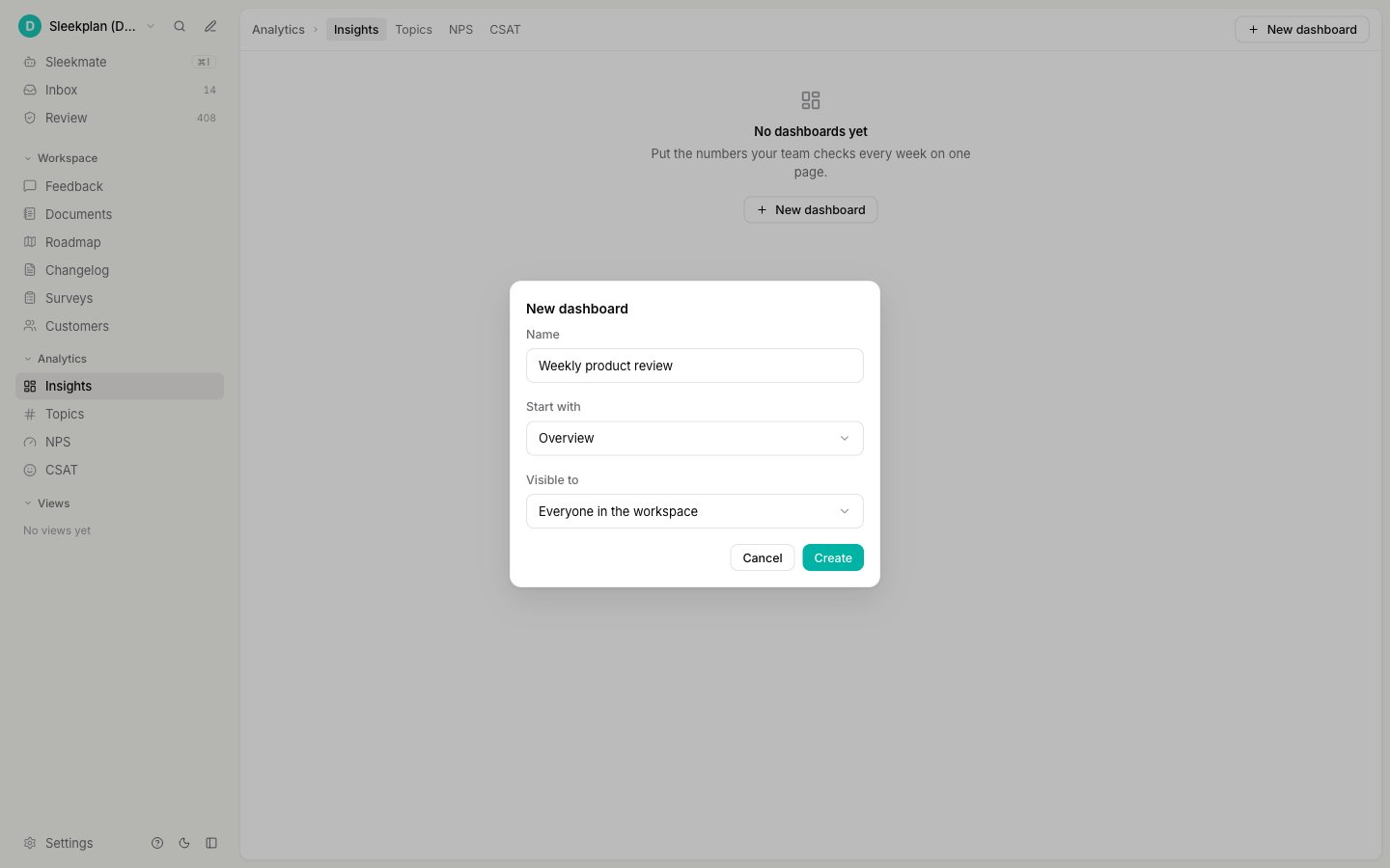 The New dashboard dialog with the name Weekly product review, Start with set to Overview, and Visible to set to Everyone in the workspace