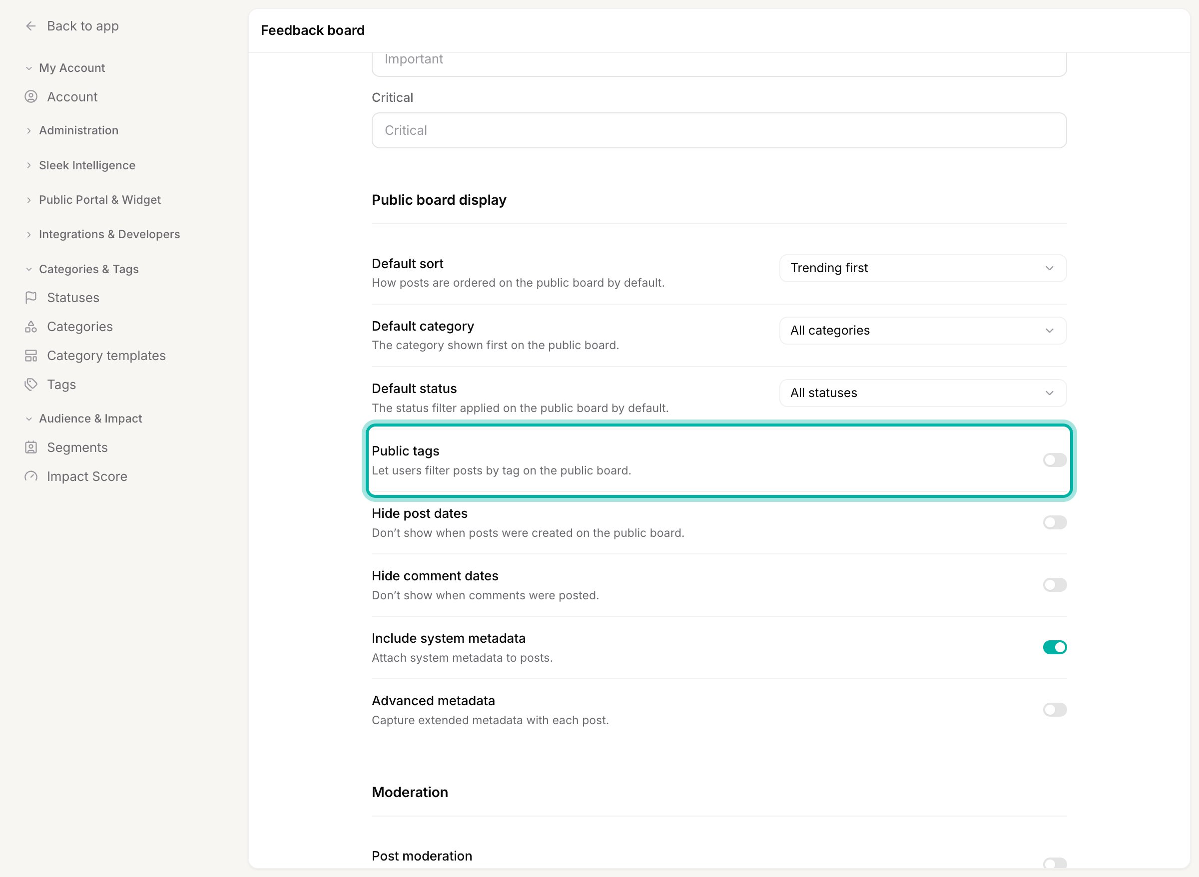 The Feedback board settings, Public board display section, with the Public tags toggle highlighted
