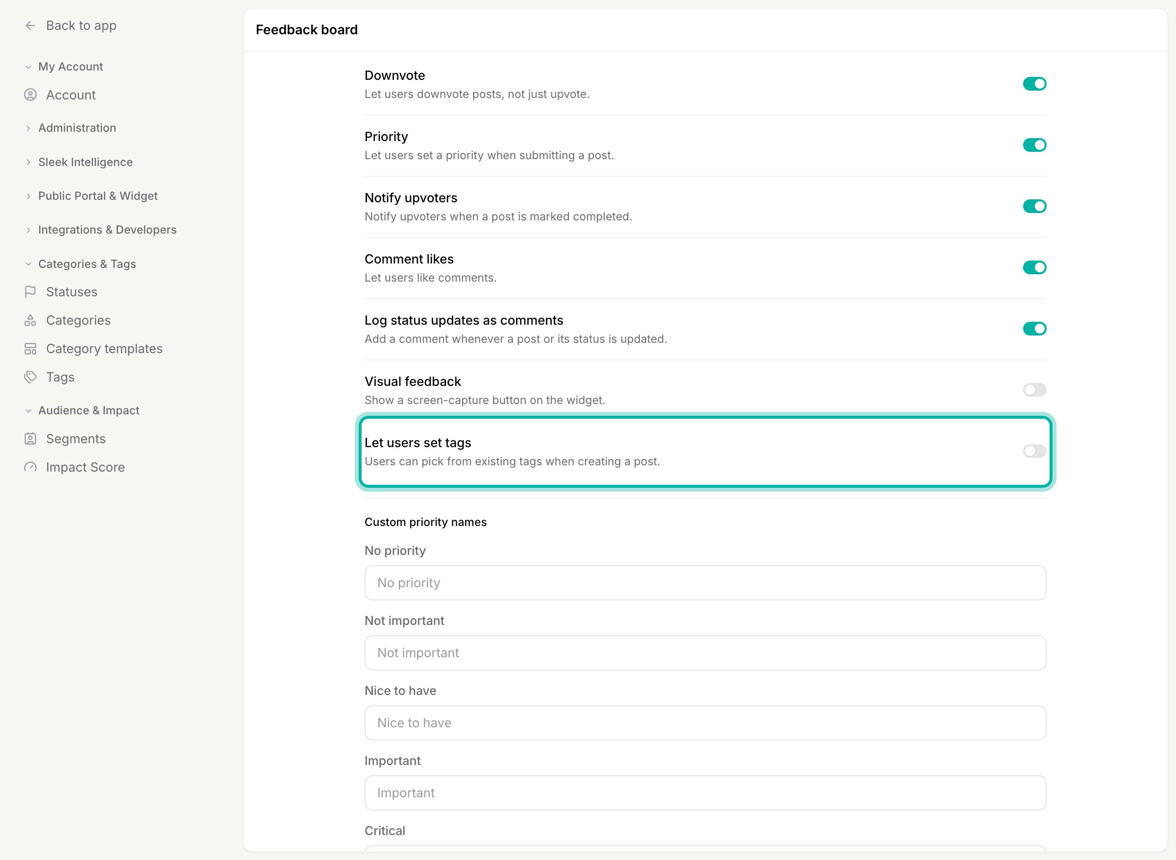 The Feedback board settings, Submission and voting section, with the Let users set tags toggle highlighted