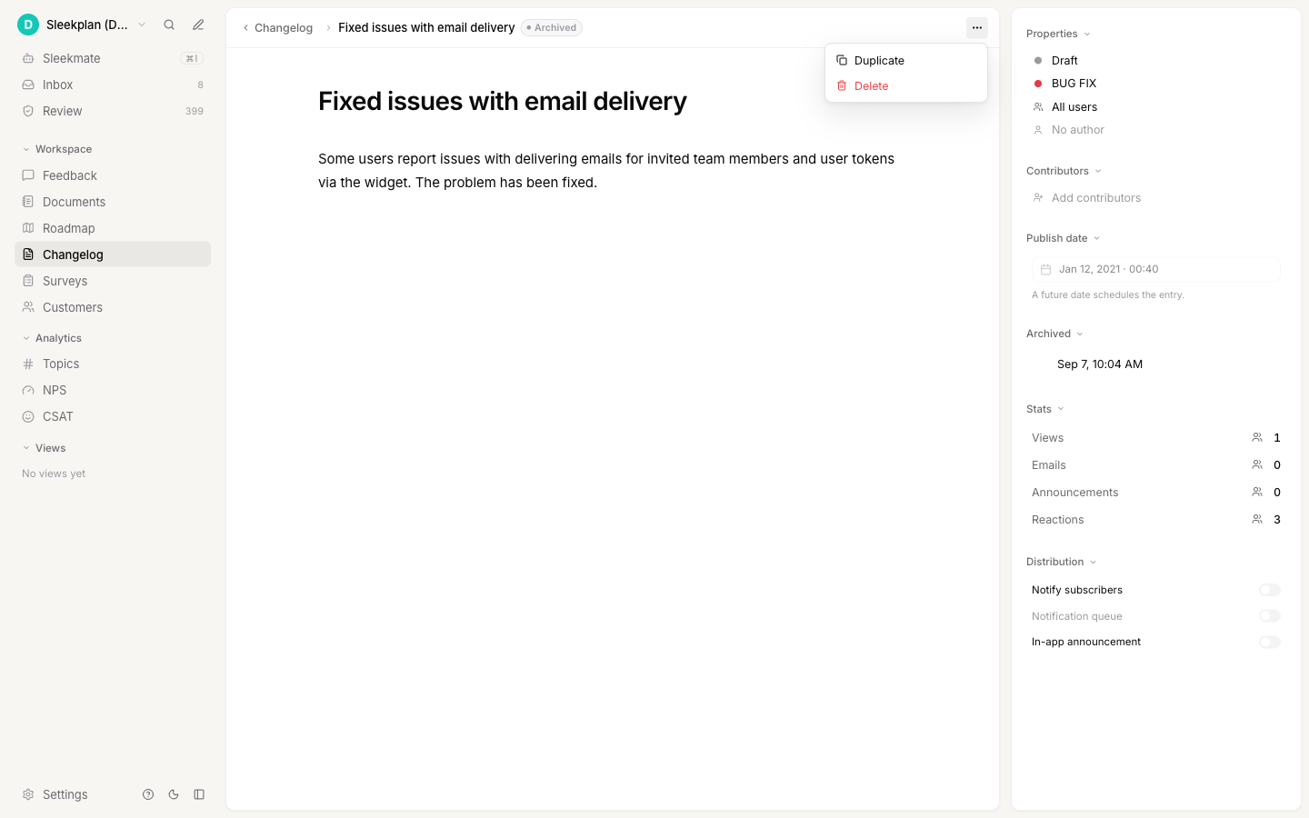 The actions menu on an archived entry, offering only Duplicate and Delete