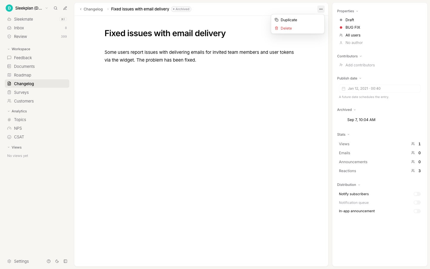 The actions menu on an archived entry, offering only Duplicate and Delete