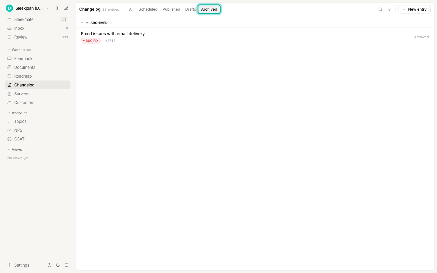 The Changelog list filtered to the Archived tab, showing one archived entry