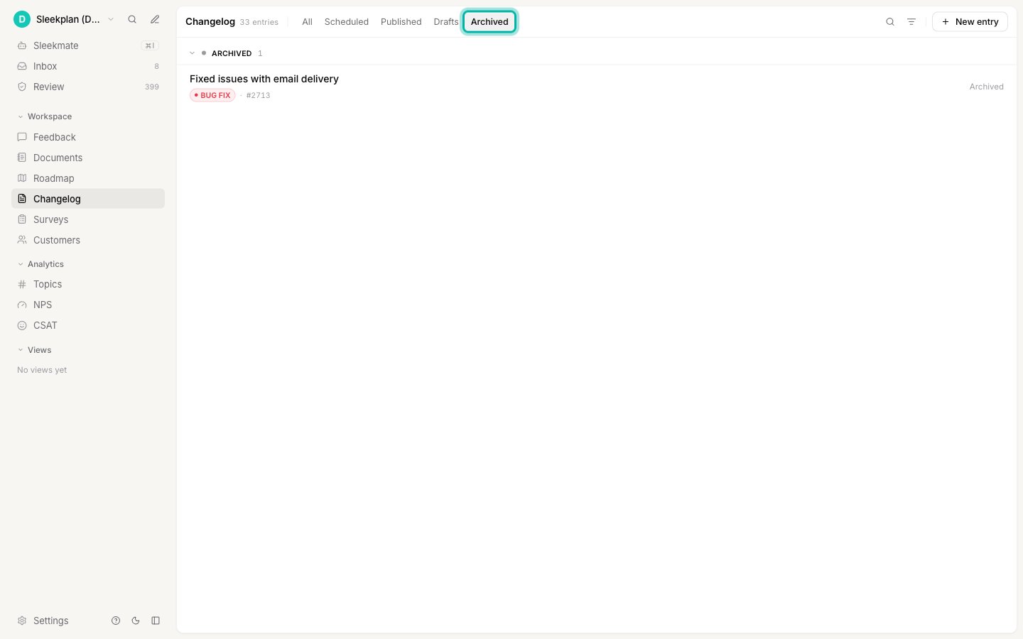 The Changelog list filtered to the Archived tab, showing one archived entry