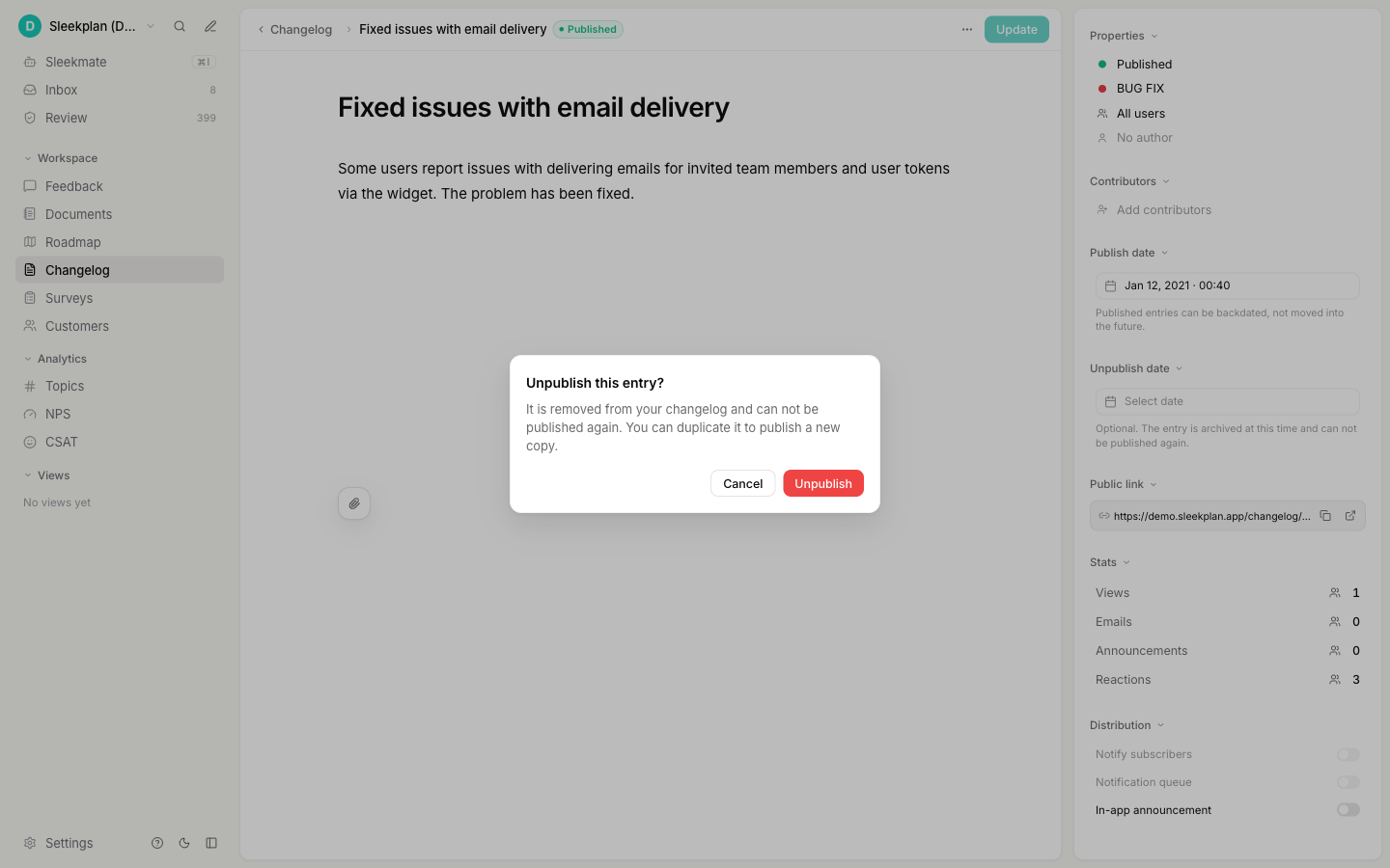 The Unpublish this entry confirmation dialog with Cancel and Unpublish buttons