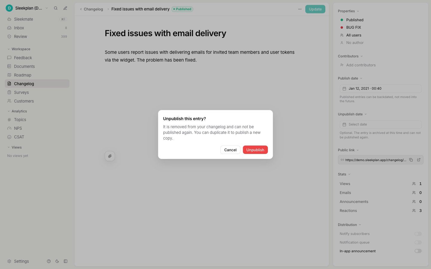 The Unpublish this entry confirmation dialog with Cancel and Unpublish buttons