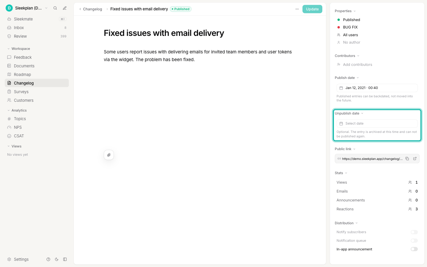 The Unpublish date field in the changelog options panel, set to Select date