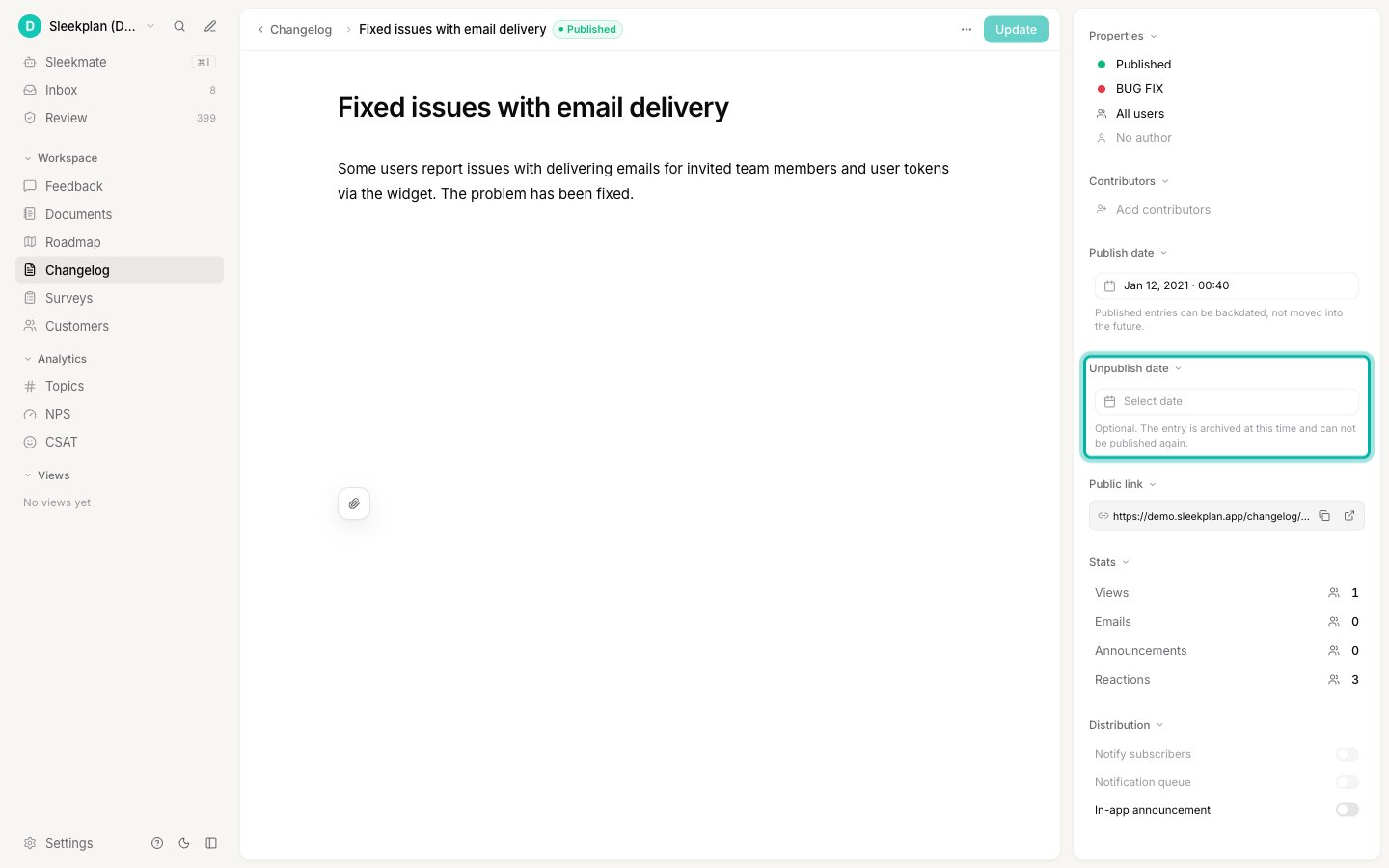 The Unpublish date field in the changelog options panel, set to Select date