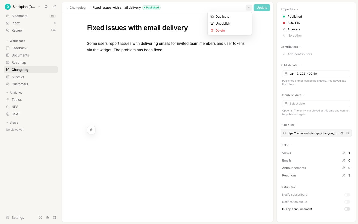 The changelog editor actions menu open, showing Duplicate, Unpublish, and Delete