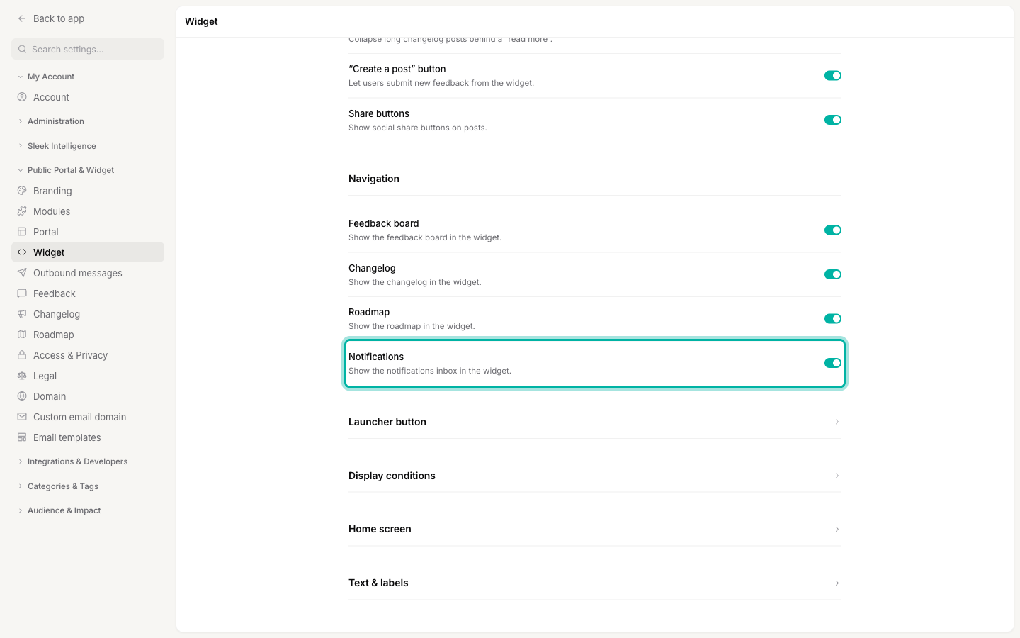The Navigation section of the widget settings with the Notifications toggle switched on