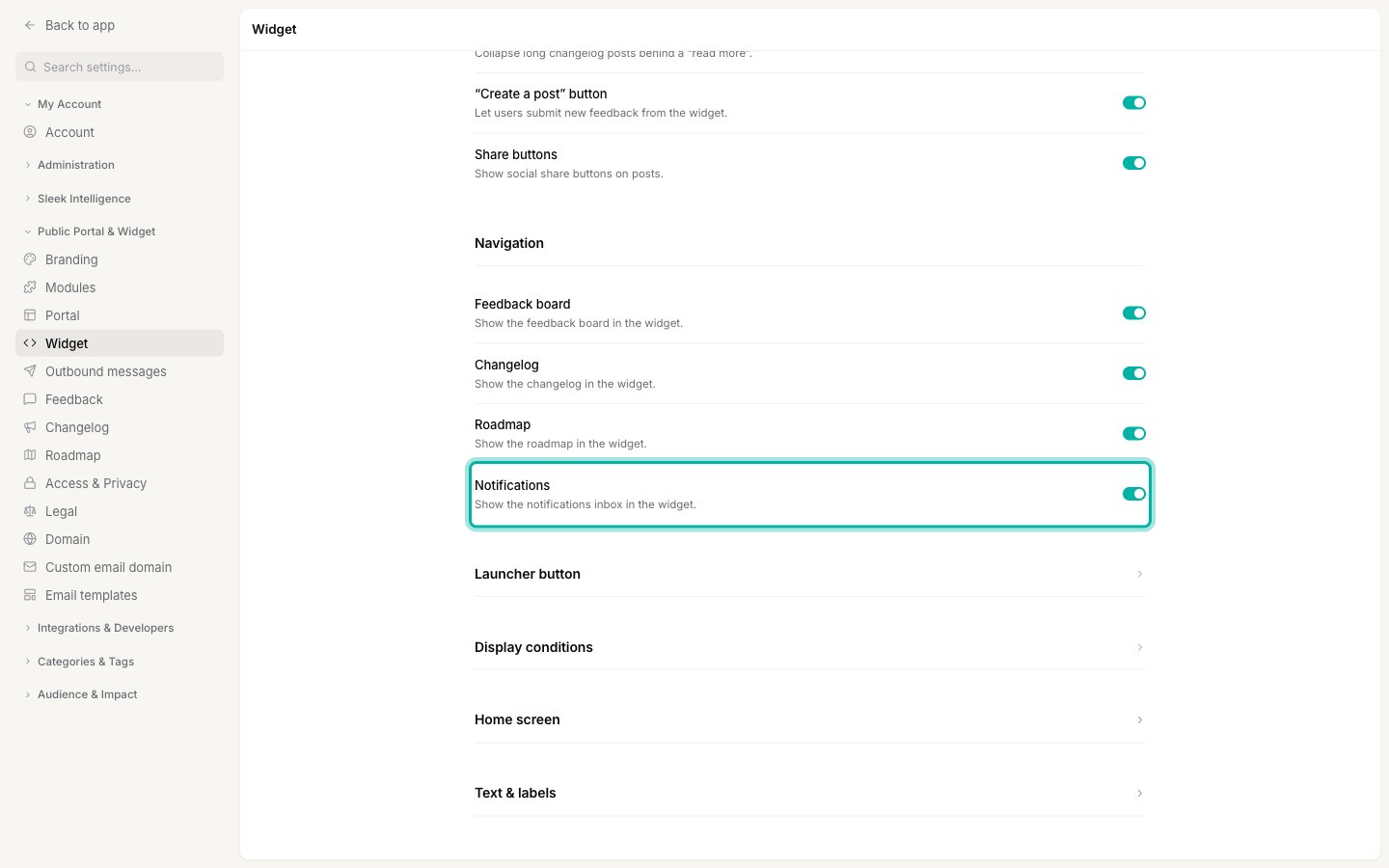 The Navigation section of the widget settings with the Notifications toggle switched on