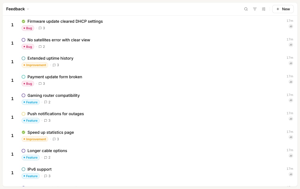 The feedback list in Comfortable density with roomy two-line rows