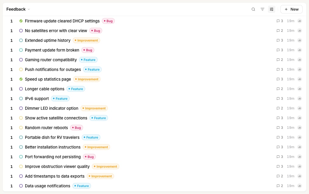 The feedback list in Compact density with tight single-line rows