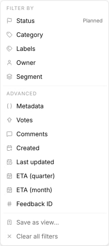 The filter panel with Status, Category, Labels, Owner, and Segment filters, plus Advanced conditions and Save/Clear rows