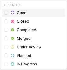 The Status filter expanded, showing the workspace statuses as selectable options