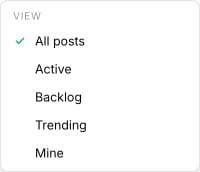 The View dropdown with All posts, Active, Backlog, Trending, and Mine