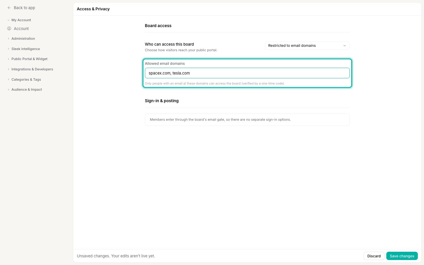 The Board access section set to Restricted to email domains, with spacex.com, tesla.com entered in the Allowed email domains field
