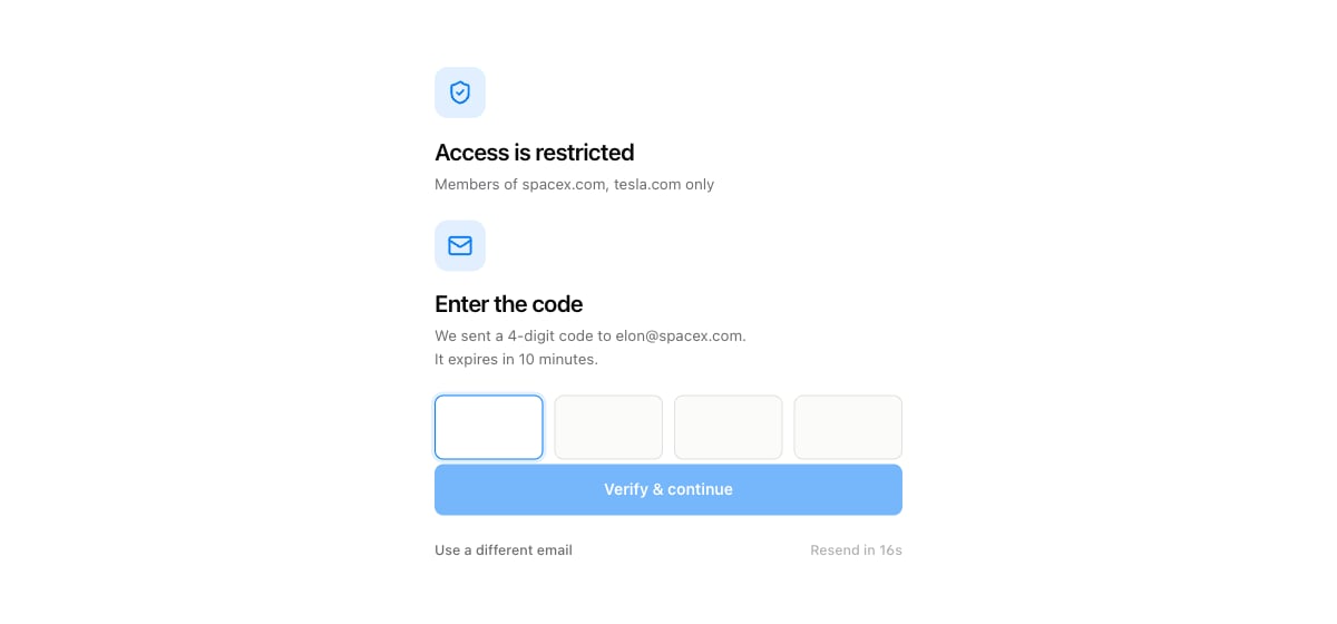 The one-time code step, reading Enter the code, We sent a 4-digit code, with four digit boxes and a Verify & continue button