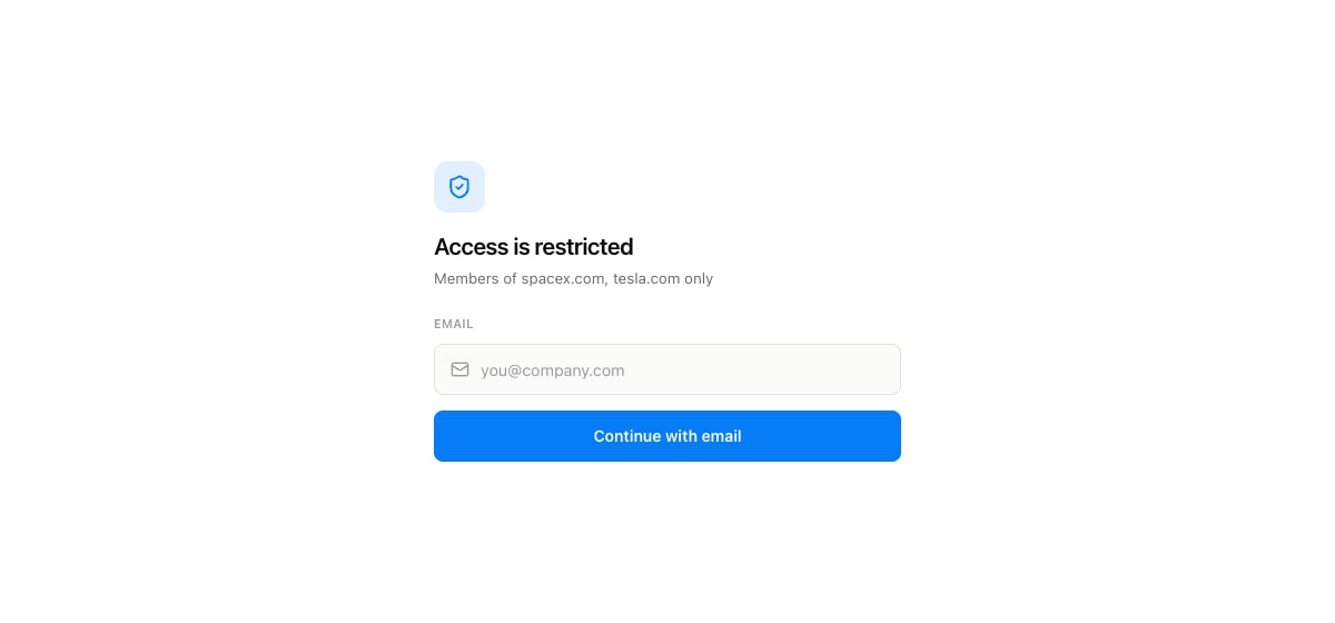 The visitor-facing email gate reading Access is restricted, Members of spacex.com, tesla.com only, with an email field