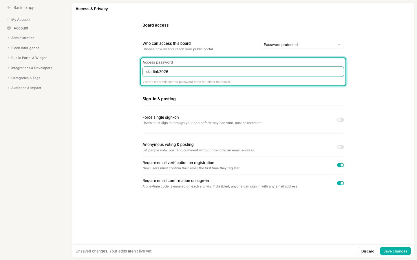 The Board access section set to Password protected, with the Access password field highlighted