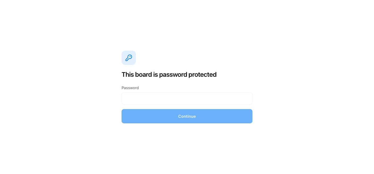 The visitor-facing password gate reading This board is password protected, with a password field and Continue button