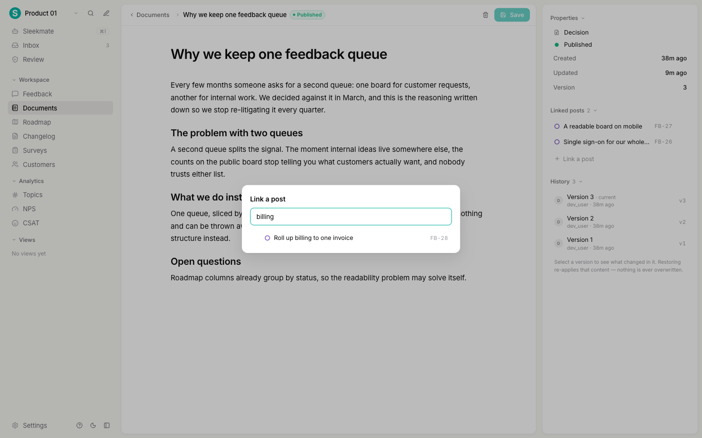 The Link a post dialog with a search term and one matching feedback post