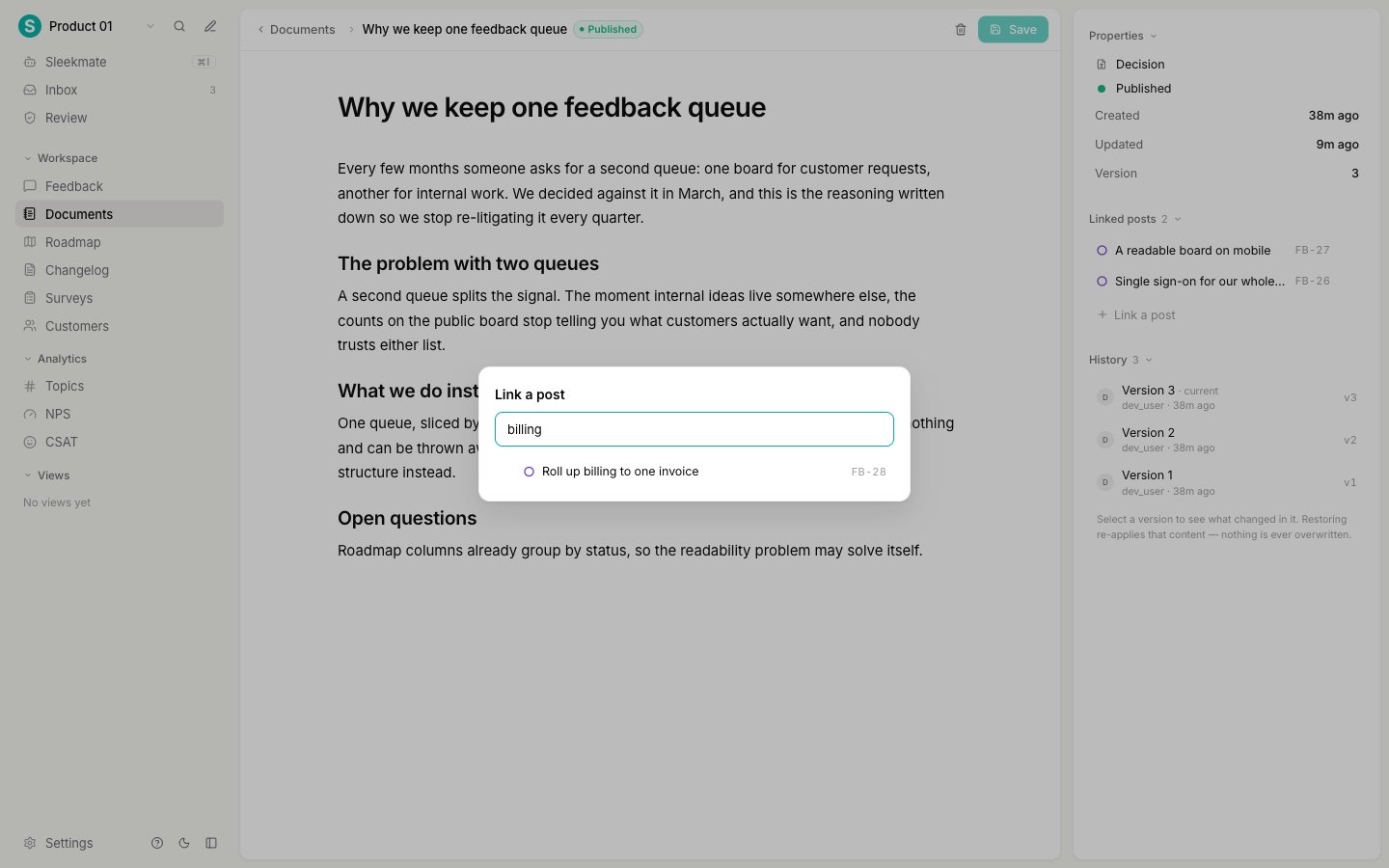 The Link a post dialog with a search term and one matching feedback post