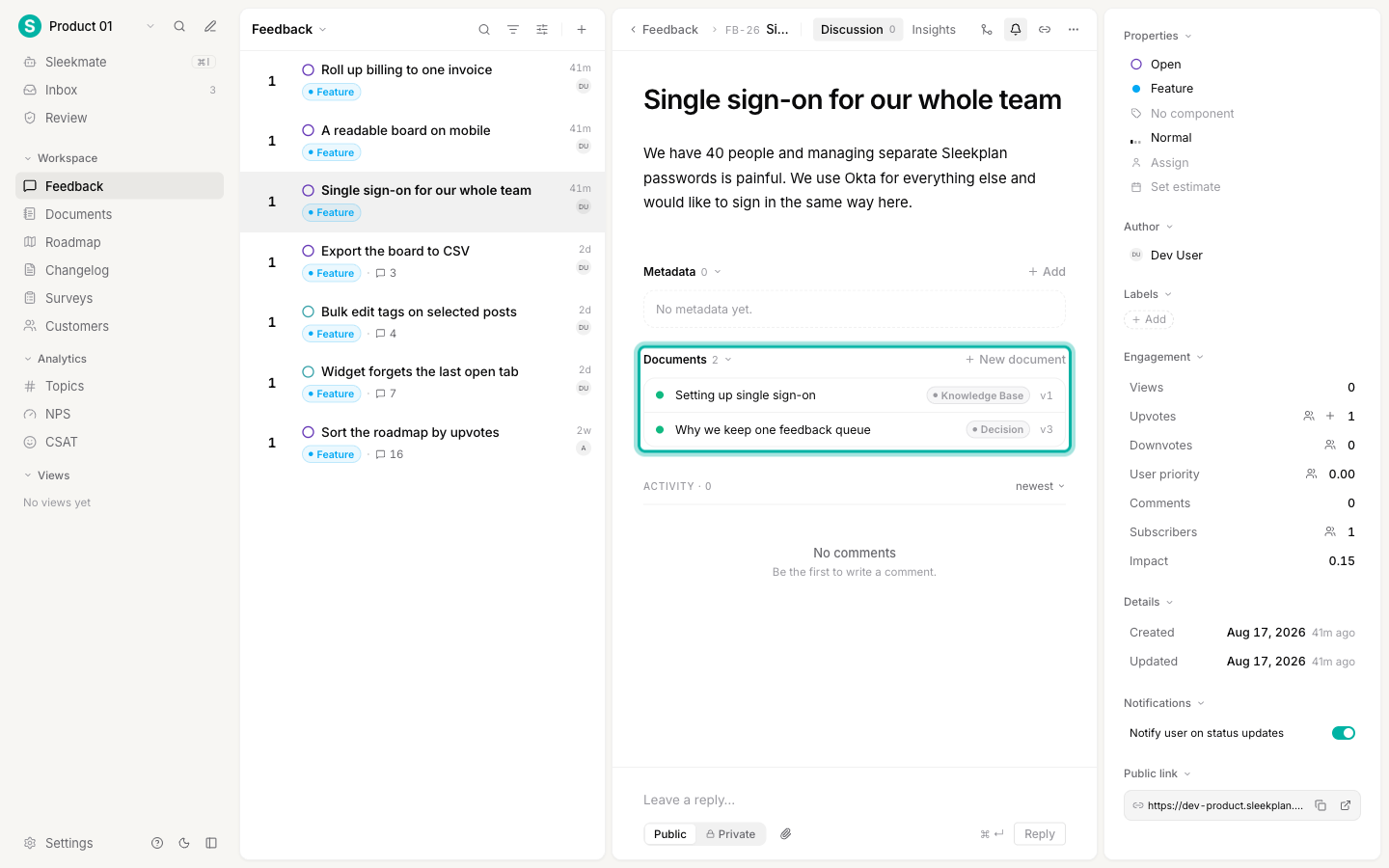 A feedback post with its Documents block highlighted, listing two linked documents