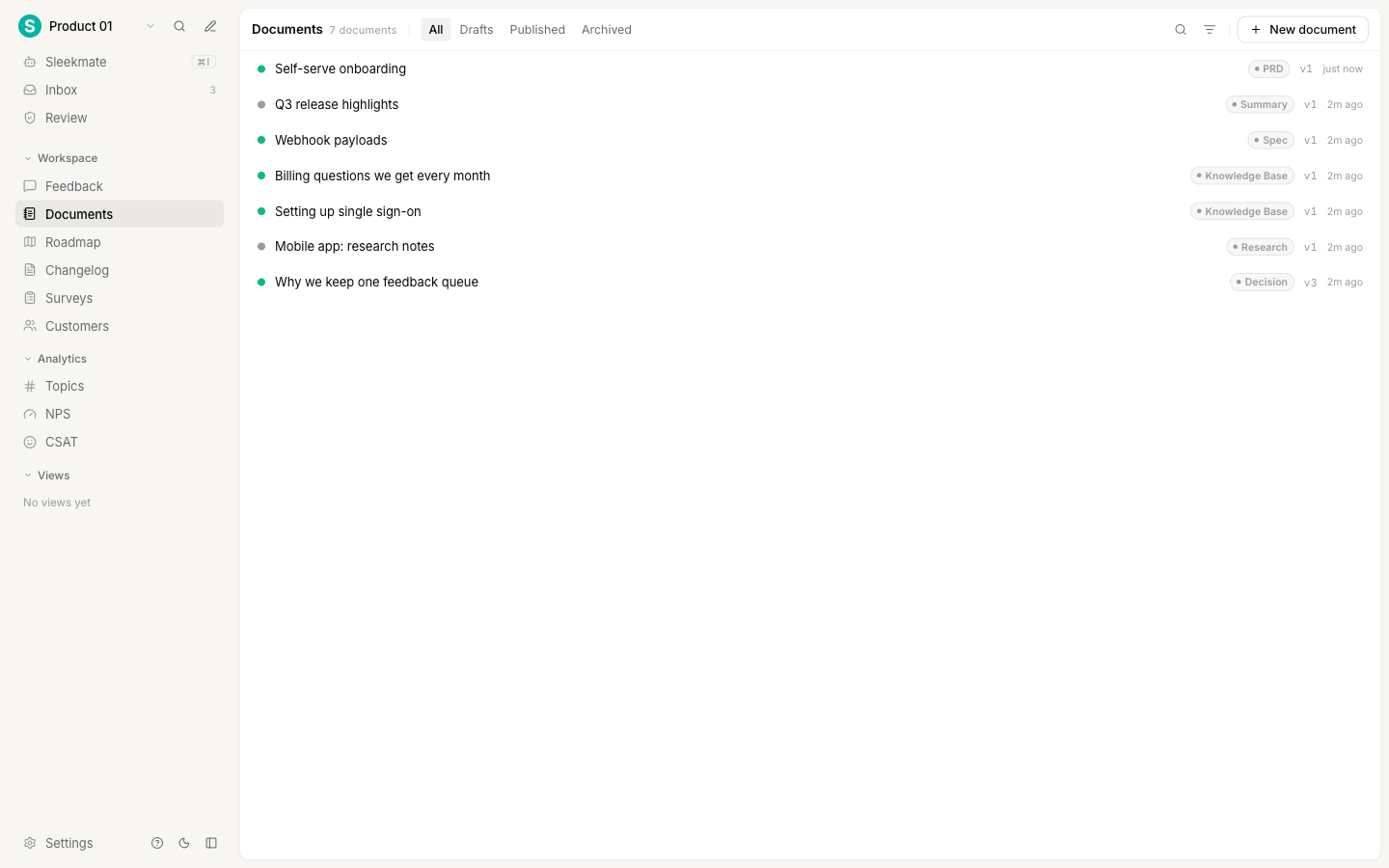 The Documents screen showing the list of documents with their type, version, and last update