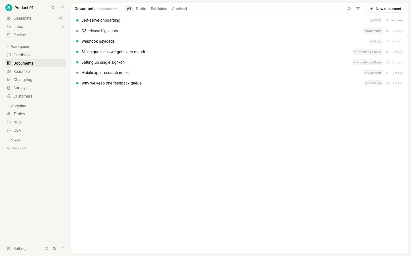 The Documents screen showing the list of documents with their type, version, and last update