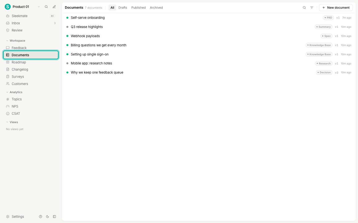 The workspace sidebar with the Documents entry highlighted
